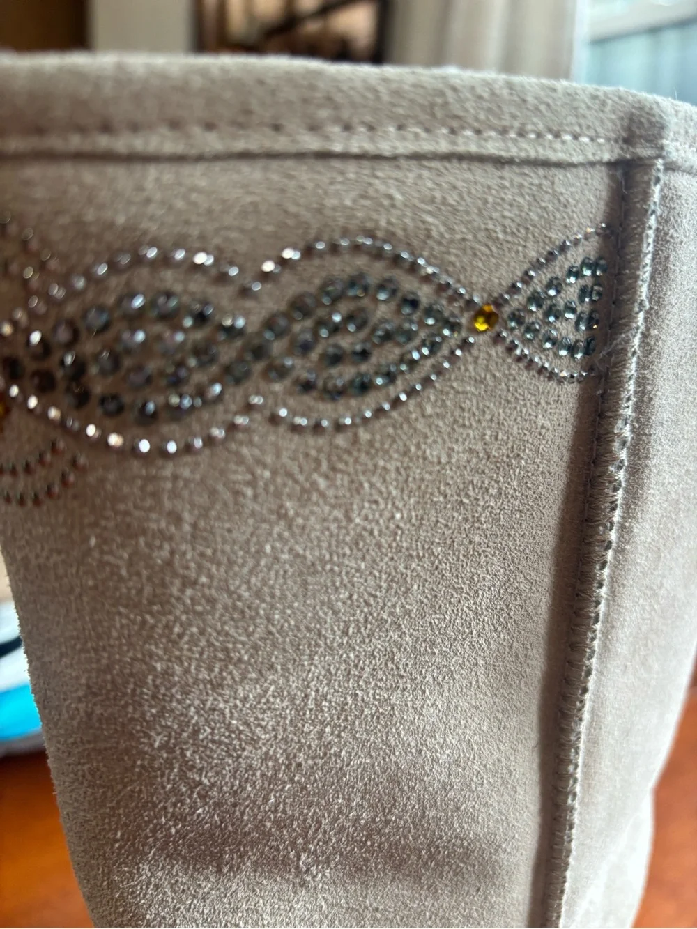 Women's Beige Suede Winter Boots with Crystal Trim
